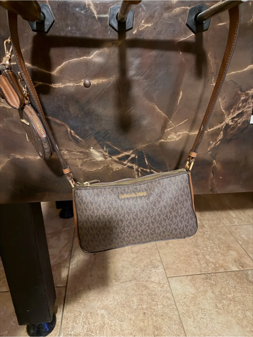 Michael Kors Brown Logo-Print Crossbody with Gold Hardware